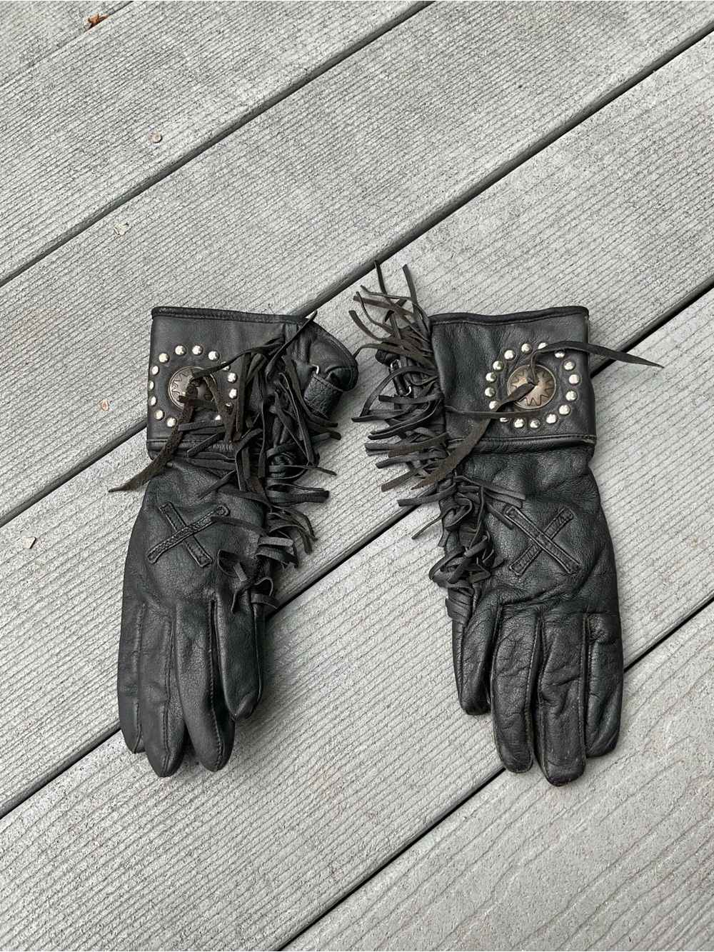 Vintage WILLIE G Harley Davidson Black Leather Fringe Gloves M Korea